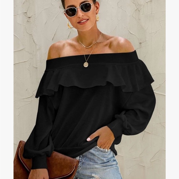 Off Shoulder Small Ruffle Black Sweater-Sweatshirt Long Sleeve large Ruffle New - Picture 1 of 8